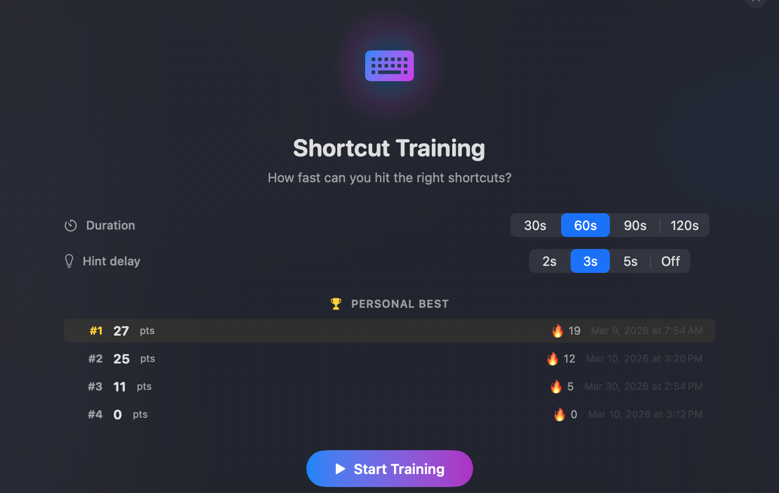 Training mode walking through shortcuts